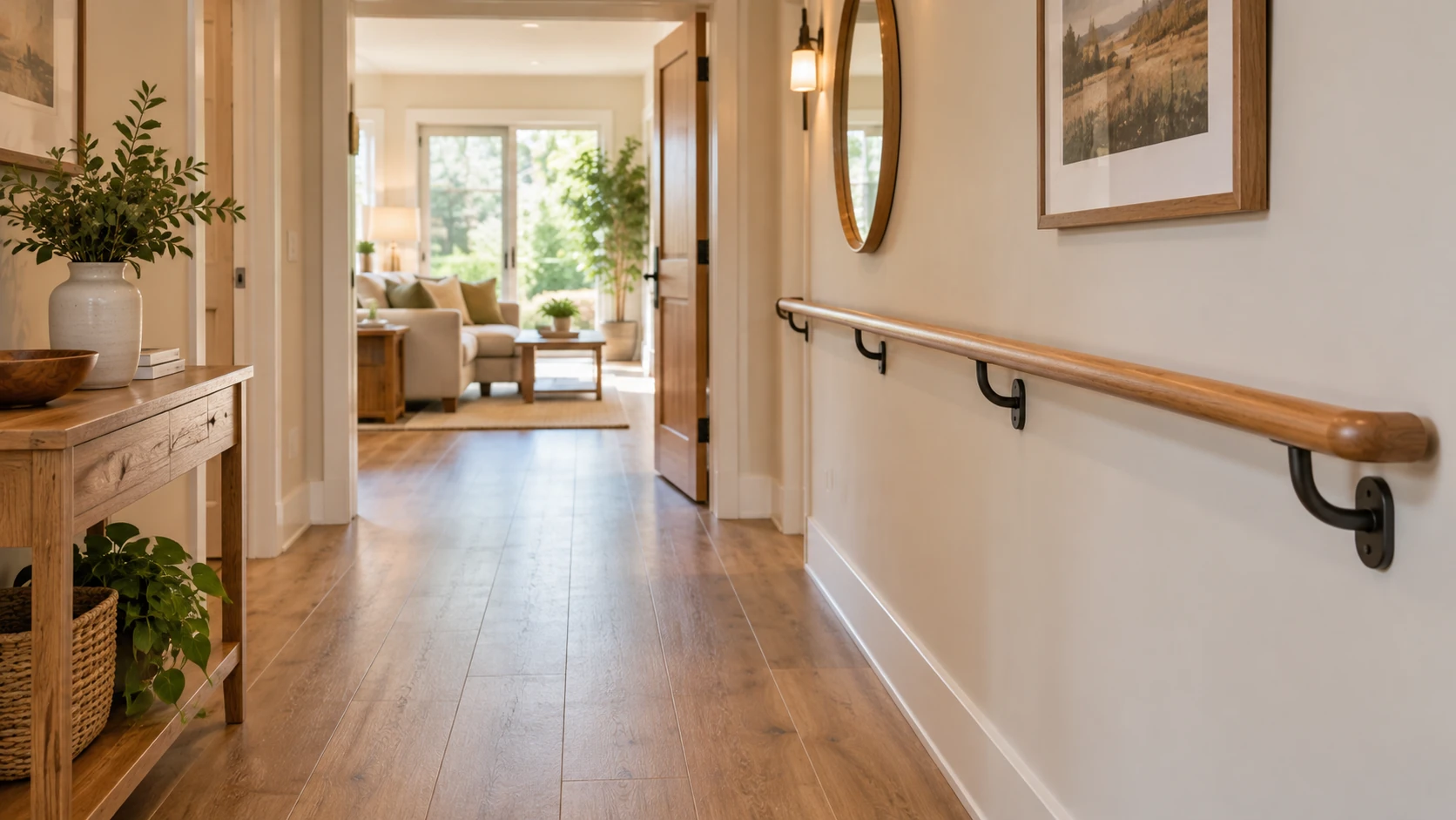 Illustrative home hallway with a wall-mounted support rail