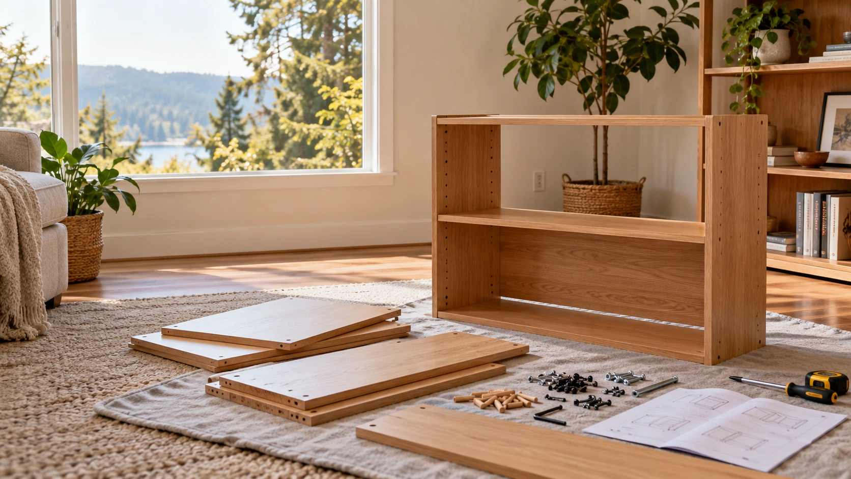 Illustrative furniture assembly scene with wooden panels and hand tools