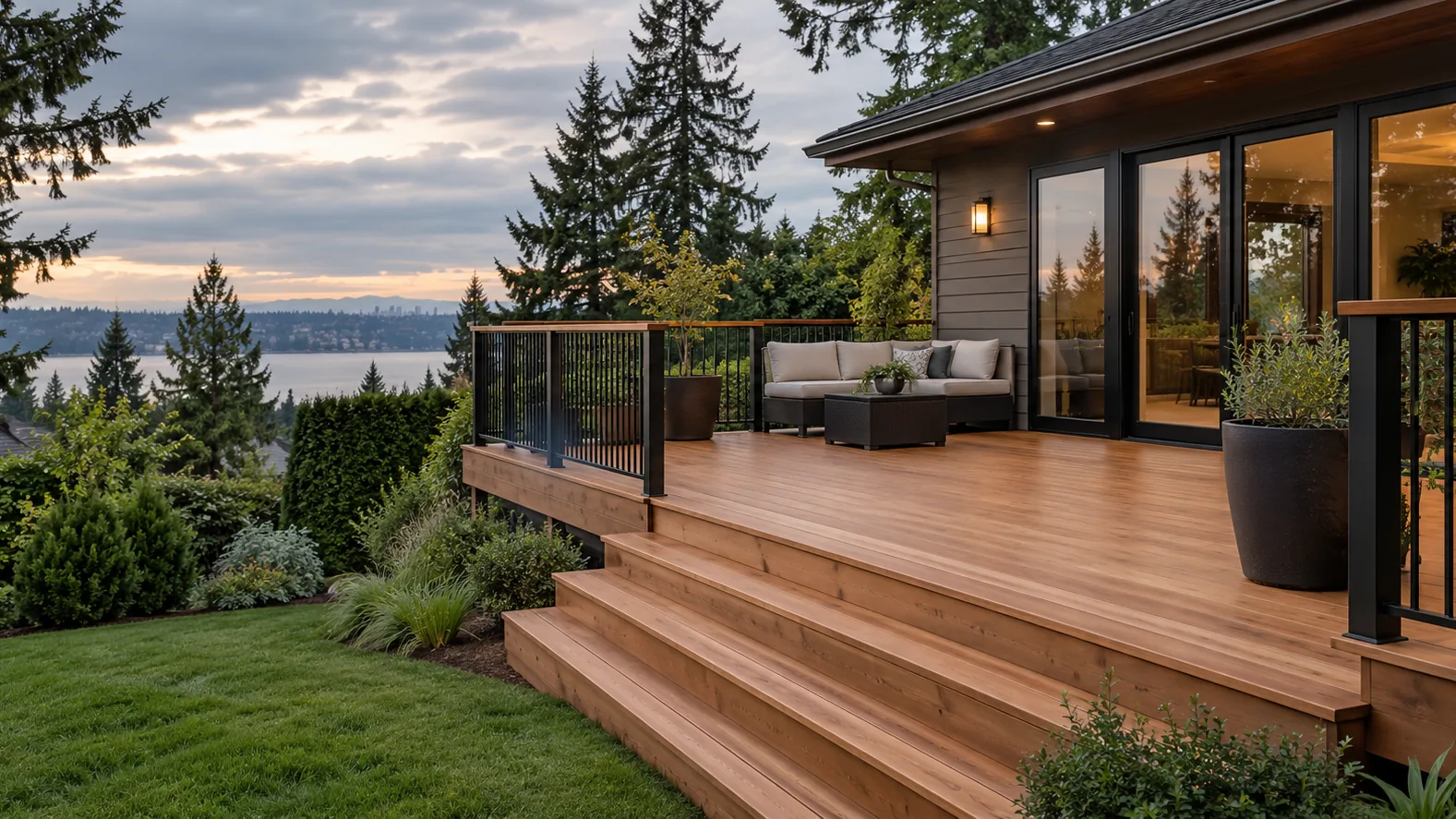 Illustrative cedar deck in a Pacific Northwest setting