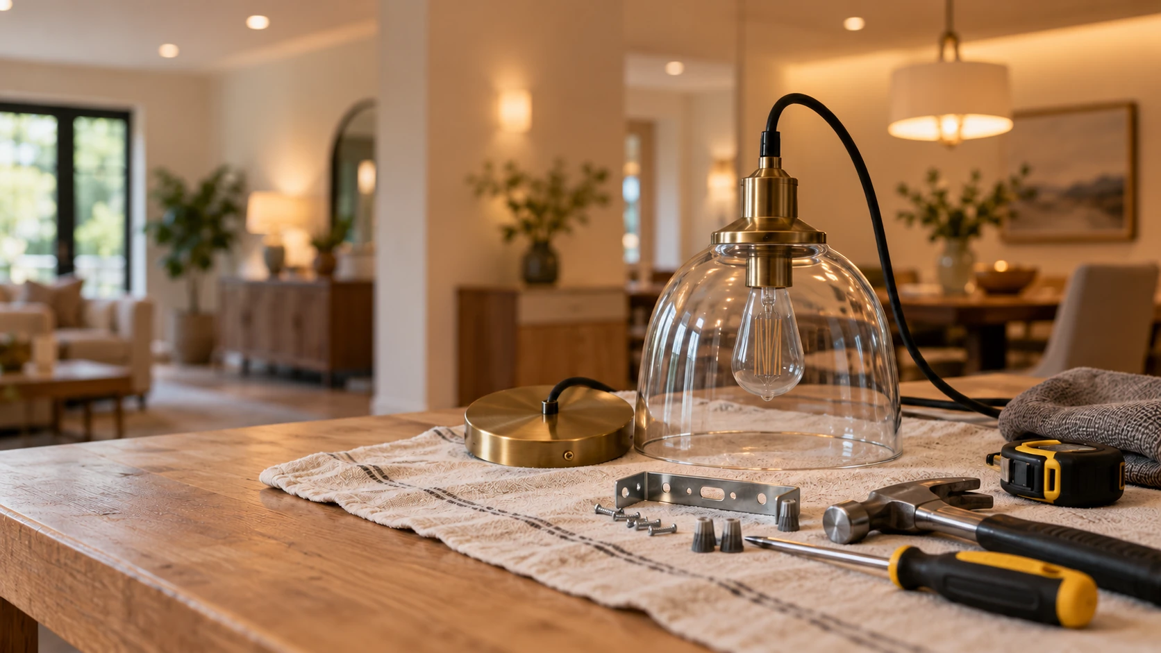 Illustrative light fixture and hand tools prepared for installation