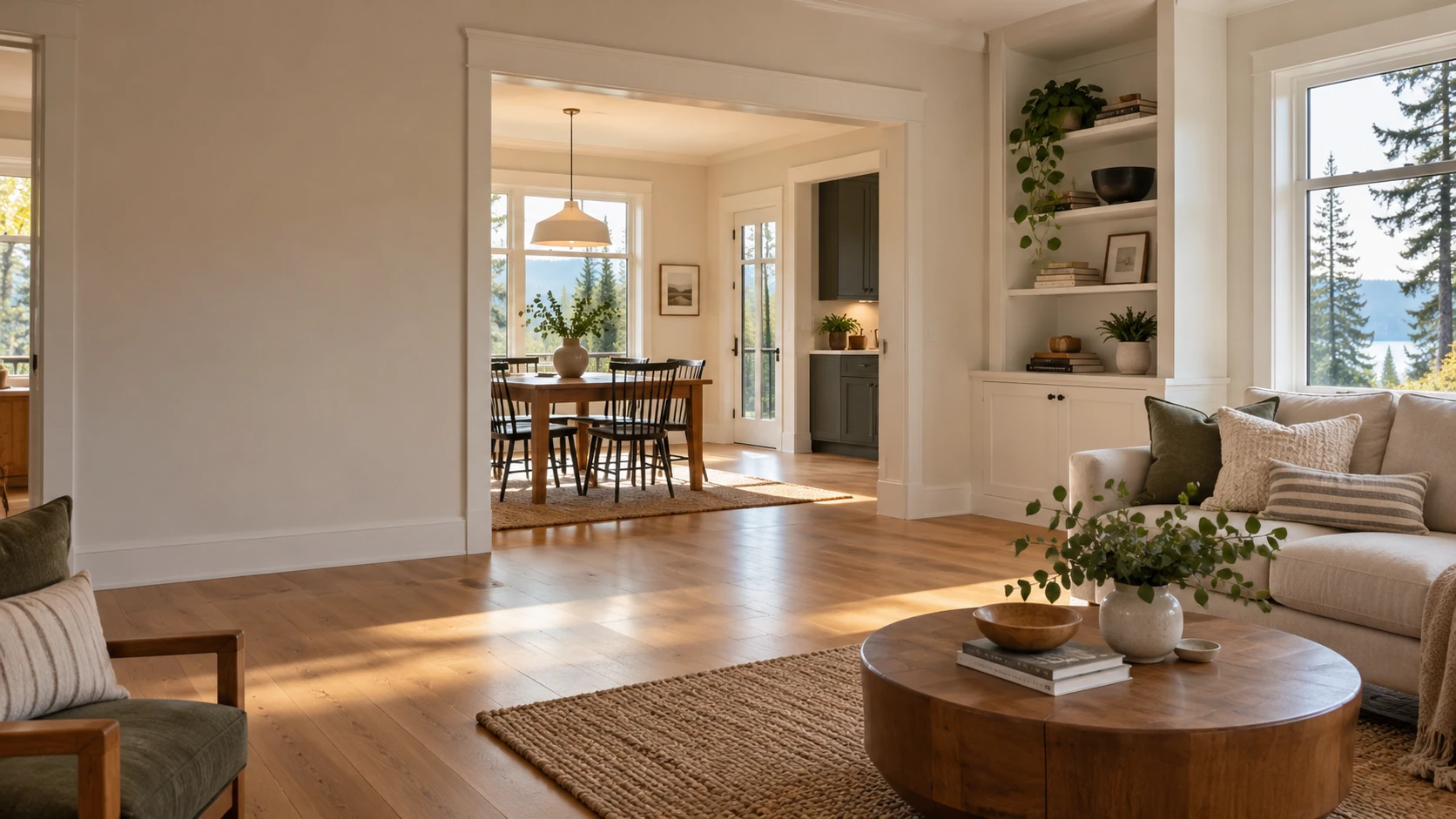 Illustrative home interior with wood flooring, trim and built-in shelving