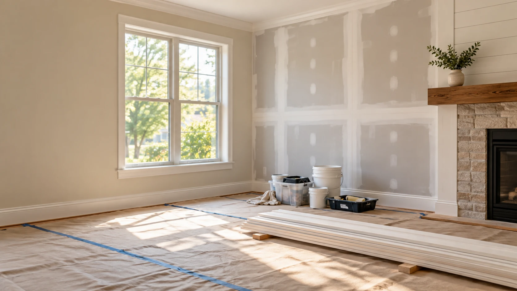 Illustrative room prepared for drywall, trim and finishing work